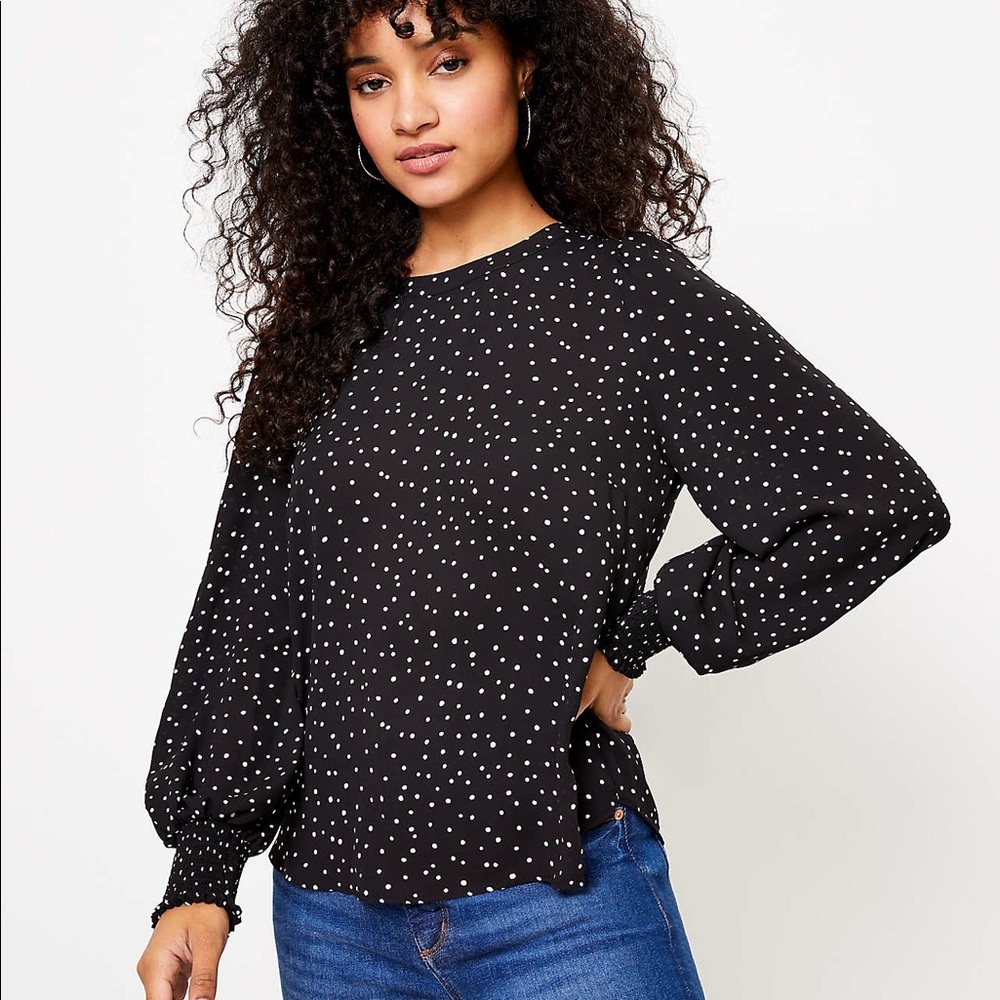 LOFT Dotted Smocked Long Sleeve Blouse